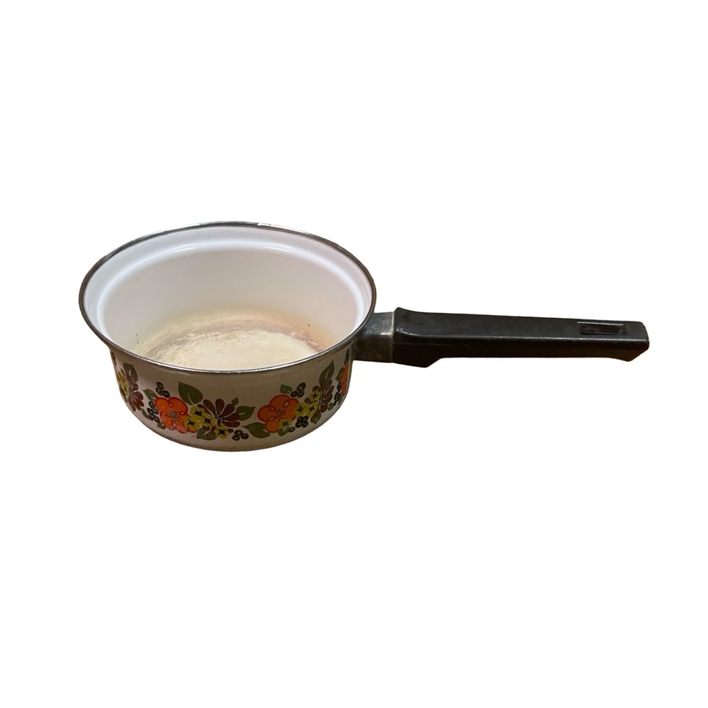 Vintage Austria Email Enamel Saucepan Retro Floral White Pot 70's antique hippie - Picture 2 of 5